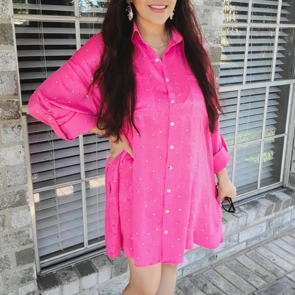Fantastic Fawn Dresses & Skirts - Rhinestone Pink Satin Shirt Dress